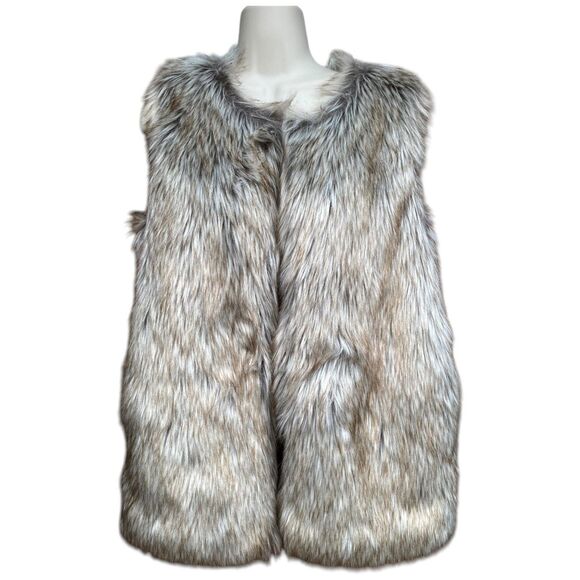 Rachel Zoe Size M Silver Faux Fox Fur Fluffy Hook Closure Vest Jacket Mob wife - Picture 2 of 15